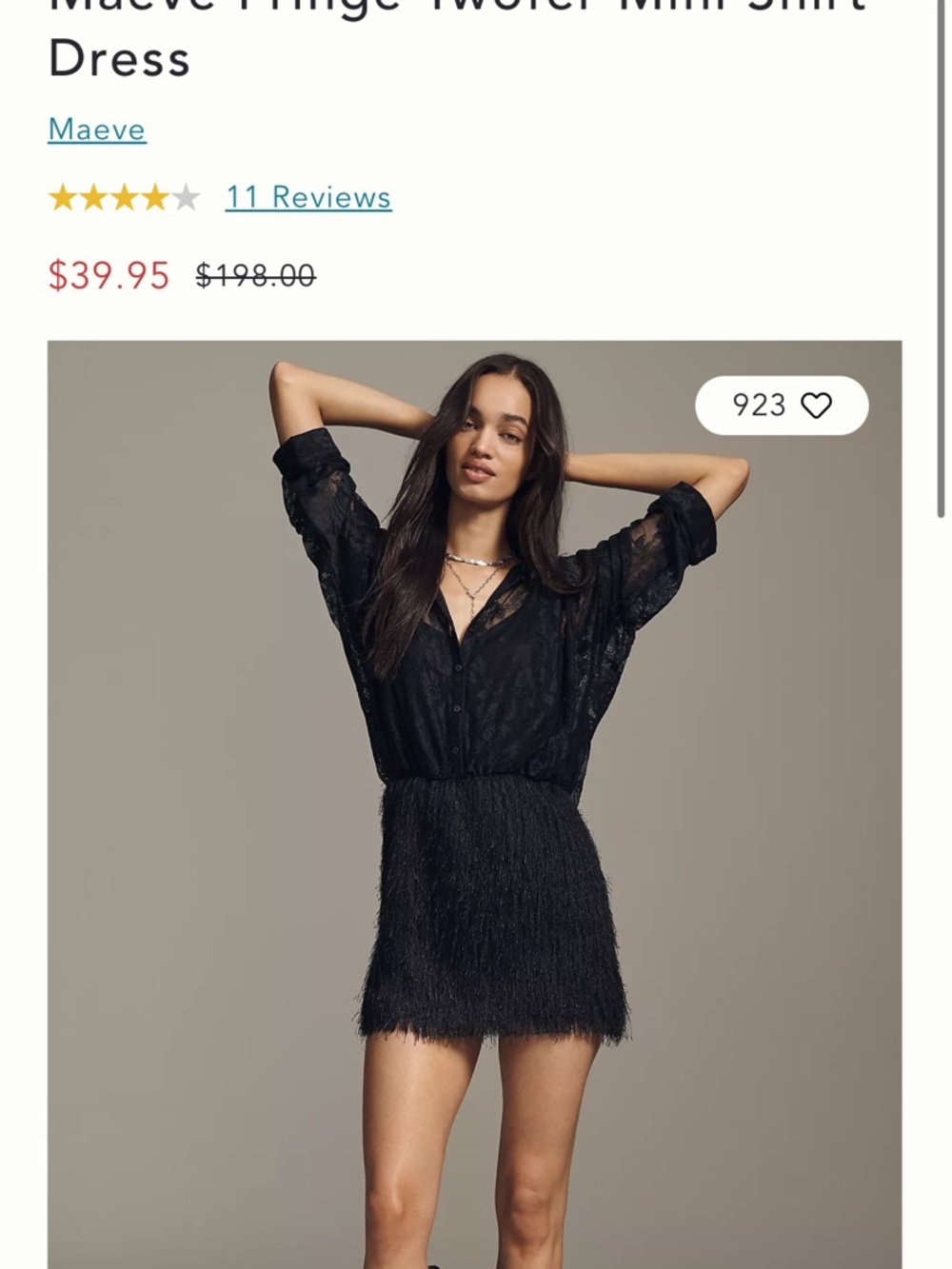 Maeve Black Sheer Button-Up Mini Dress with Fringe Skirt